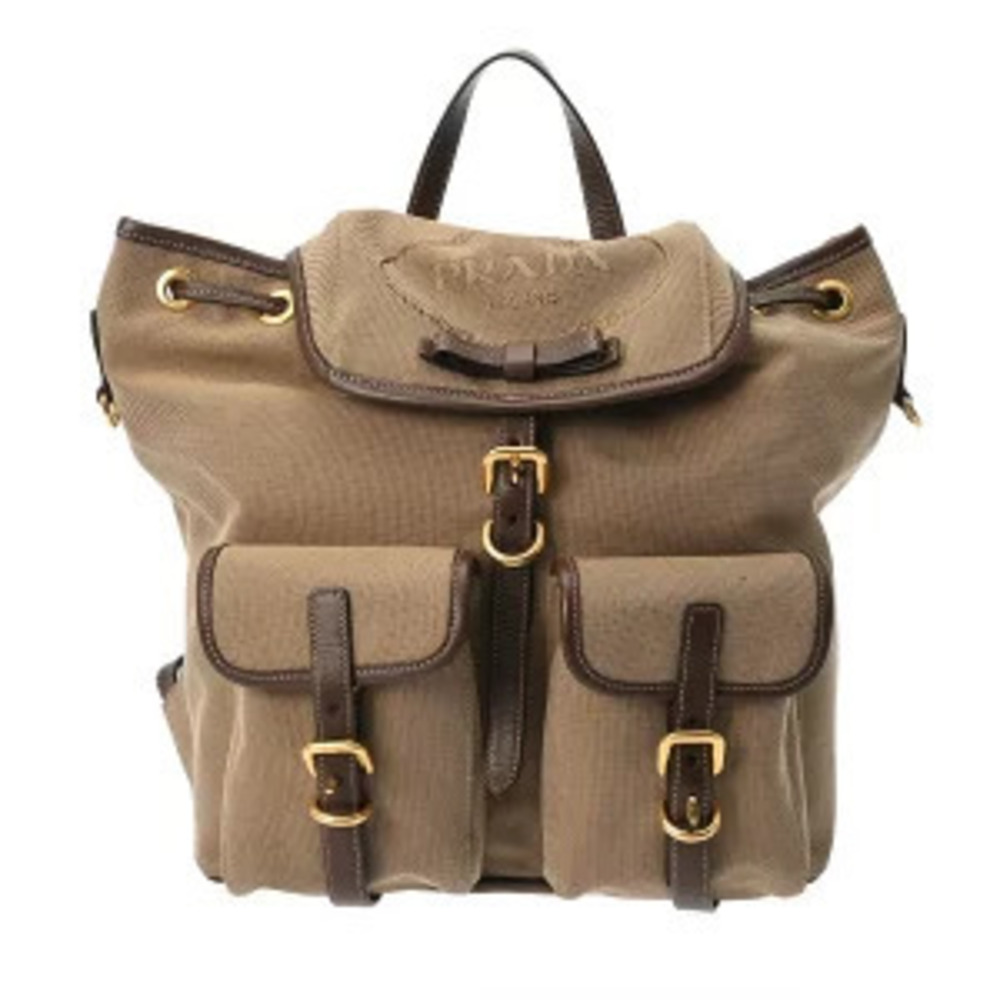 Prada Backpack Beige Cream Brown Jacquard Canvas Leather Daypack Bag